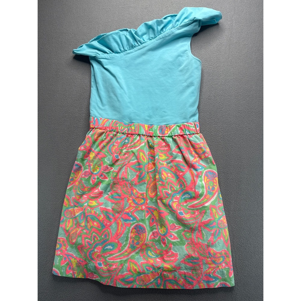 Lilly Pulitzer Dress Women S Blue Pink Paisley One Shoulder Ruffle Cotton 53029